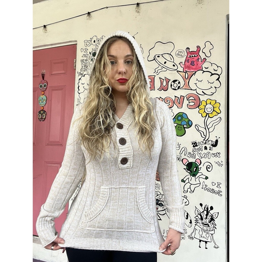 Vtg Y2K 2000s Roxy Henley Knit Long Line Sweater Hooded Sz LG Cream